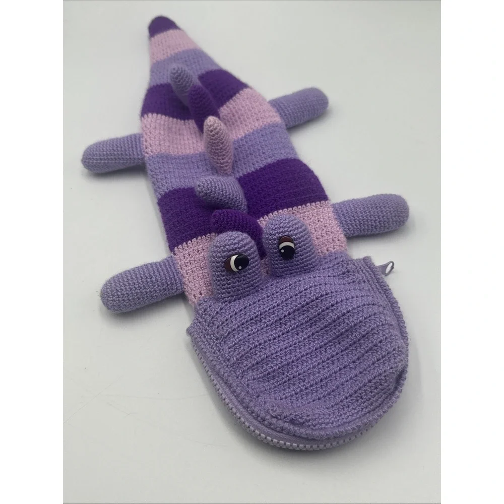 Handmade Crochet Dinosaur Dragon Zip Pouch Coin‎ Purse Bag Purple Stripe Cute